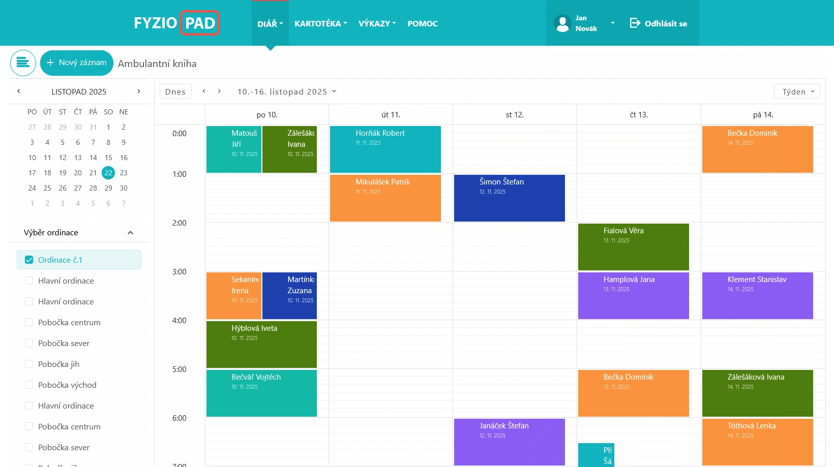 Screenshot of outpatient book in FYZIOPAD application