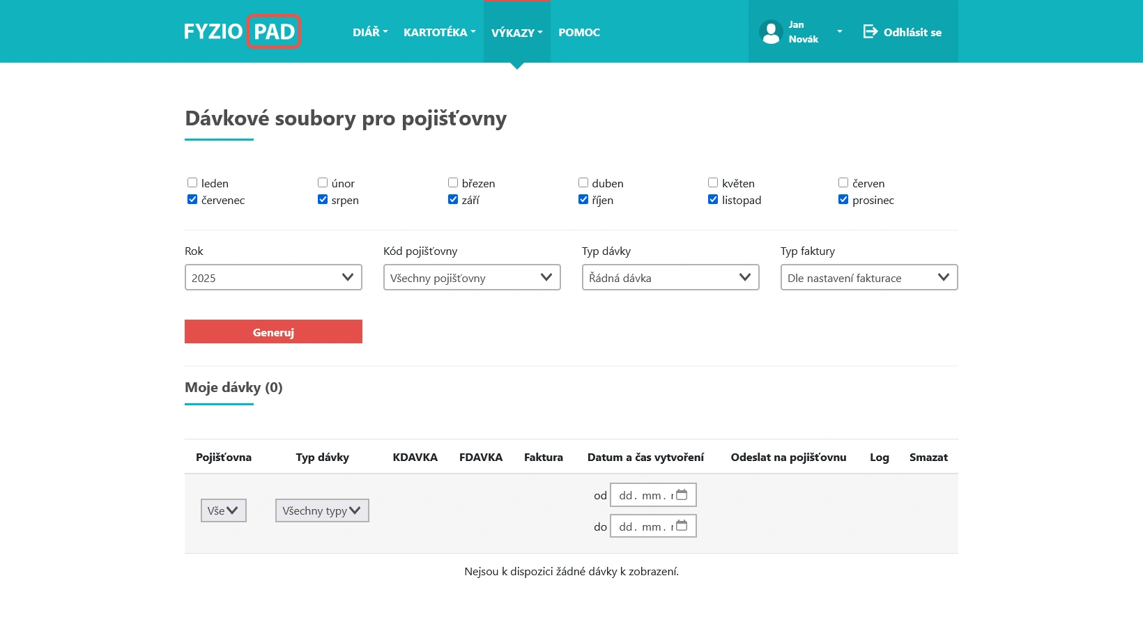 Screenshot of batch files for insurance companies in FYZIOPAD application