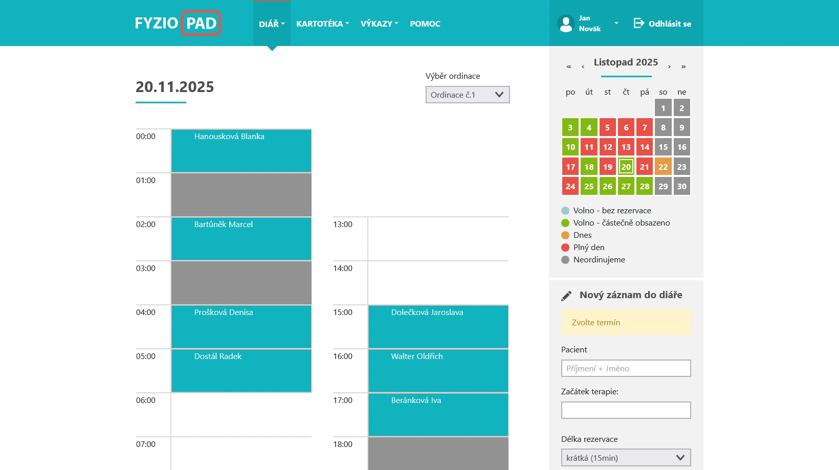 Screenshot of diary in FYZIOPAD application