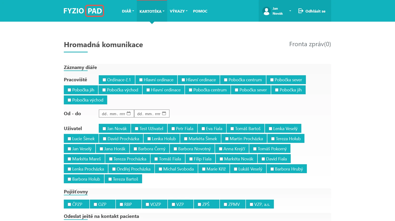 Screenshot of bulk communication in FYZIOPAD application