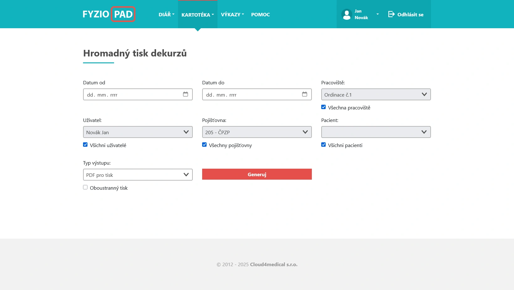 Screenshot of bulk printing of deductibles in FYZIOPAD application