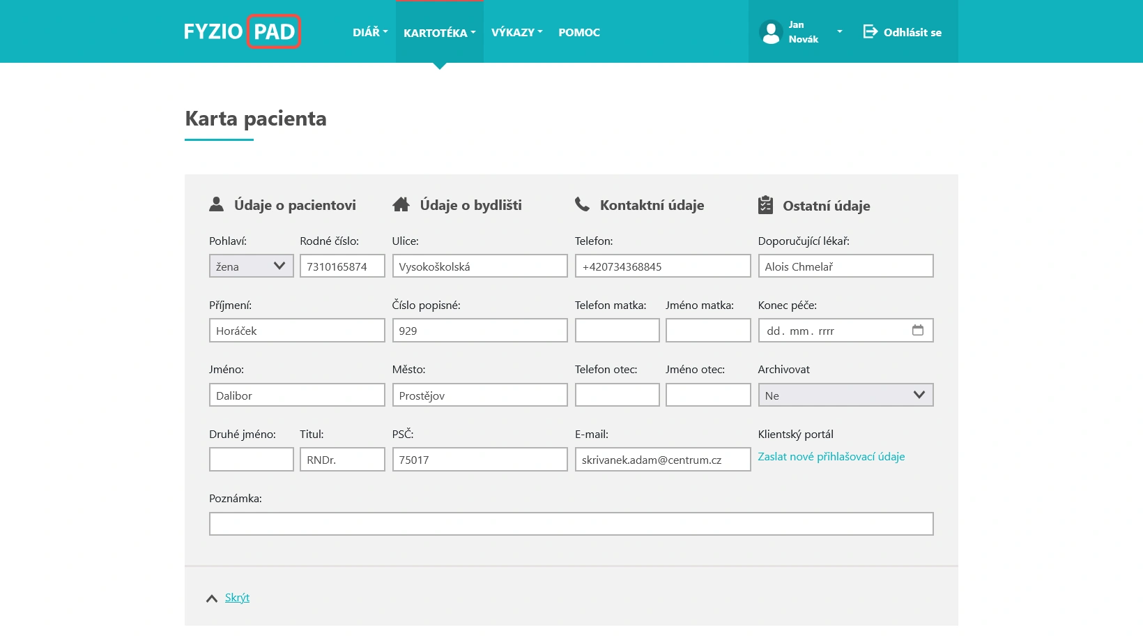 Screenshot of patient card in FYZIOPAD application