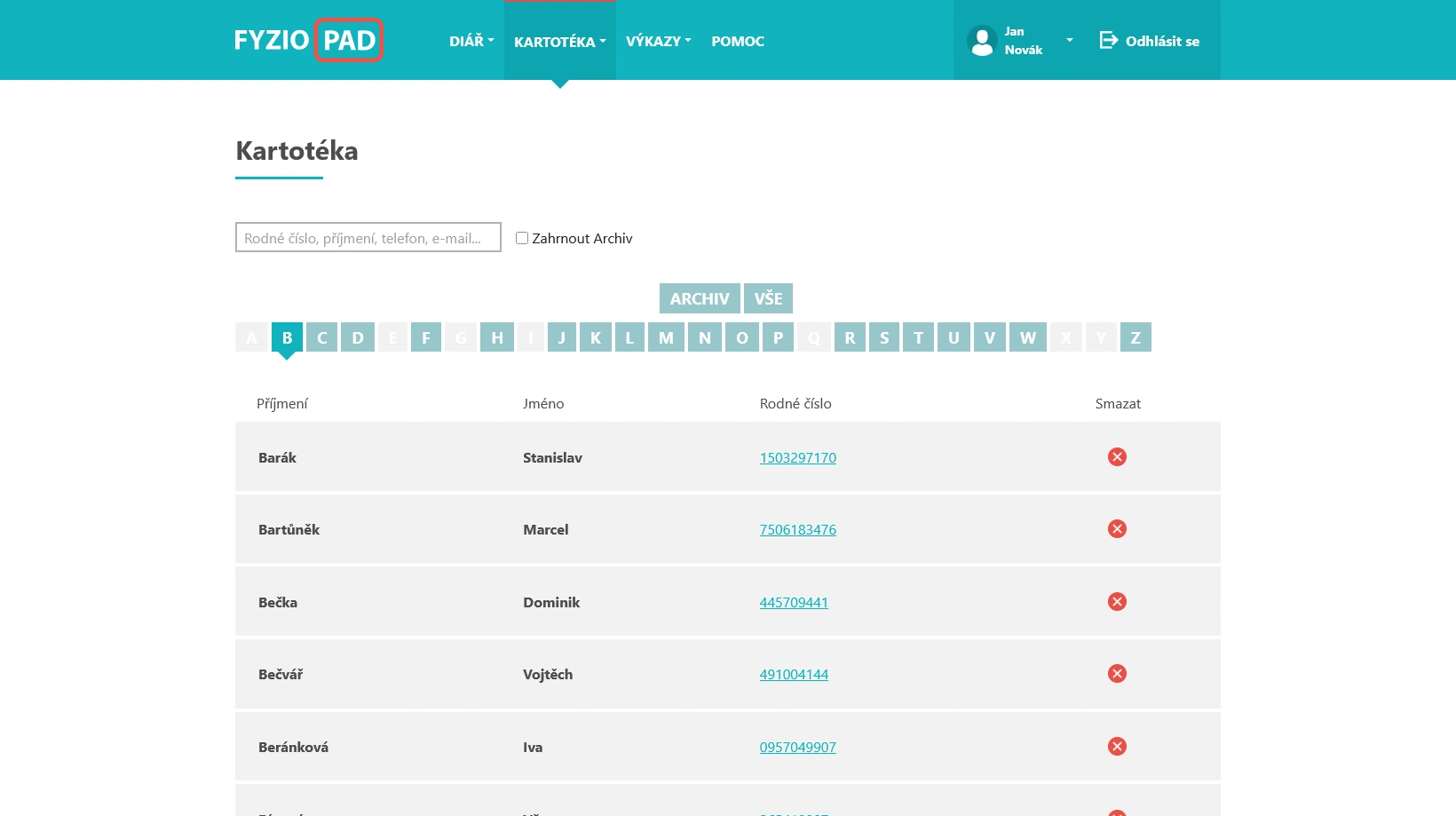 Screenshot of patient records in FYZIOPAD application