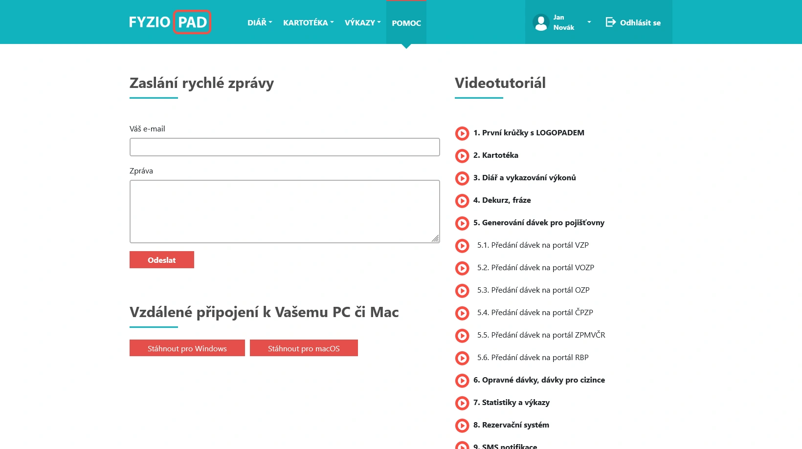 Screenshot of help in FYZIOPAD application