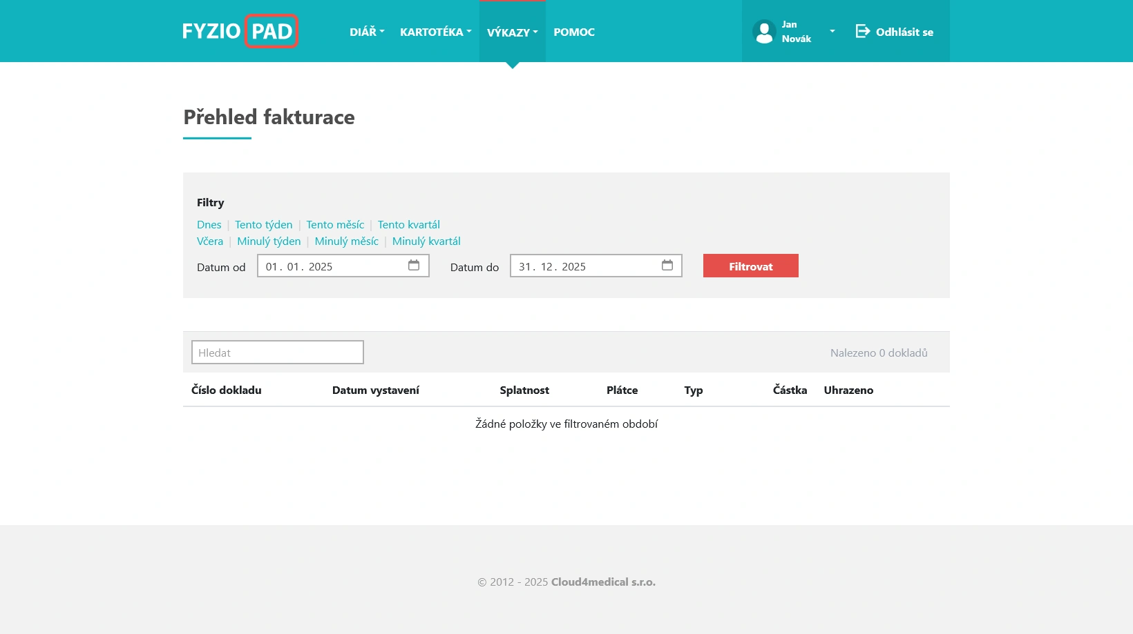 Screenshot of billing overview in FYZIOPAD application
