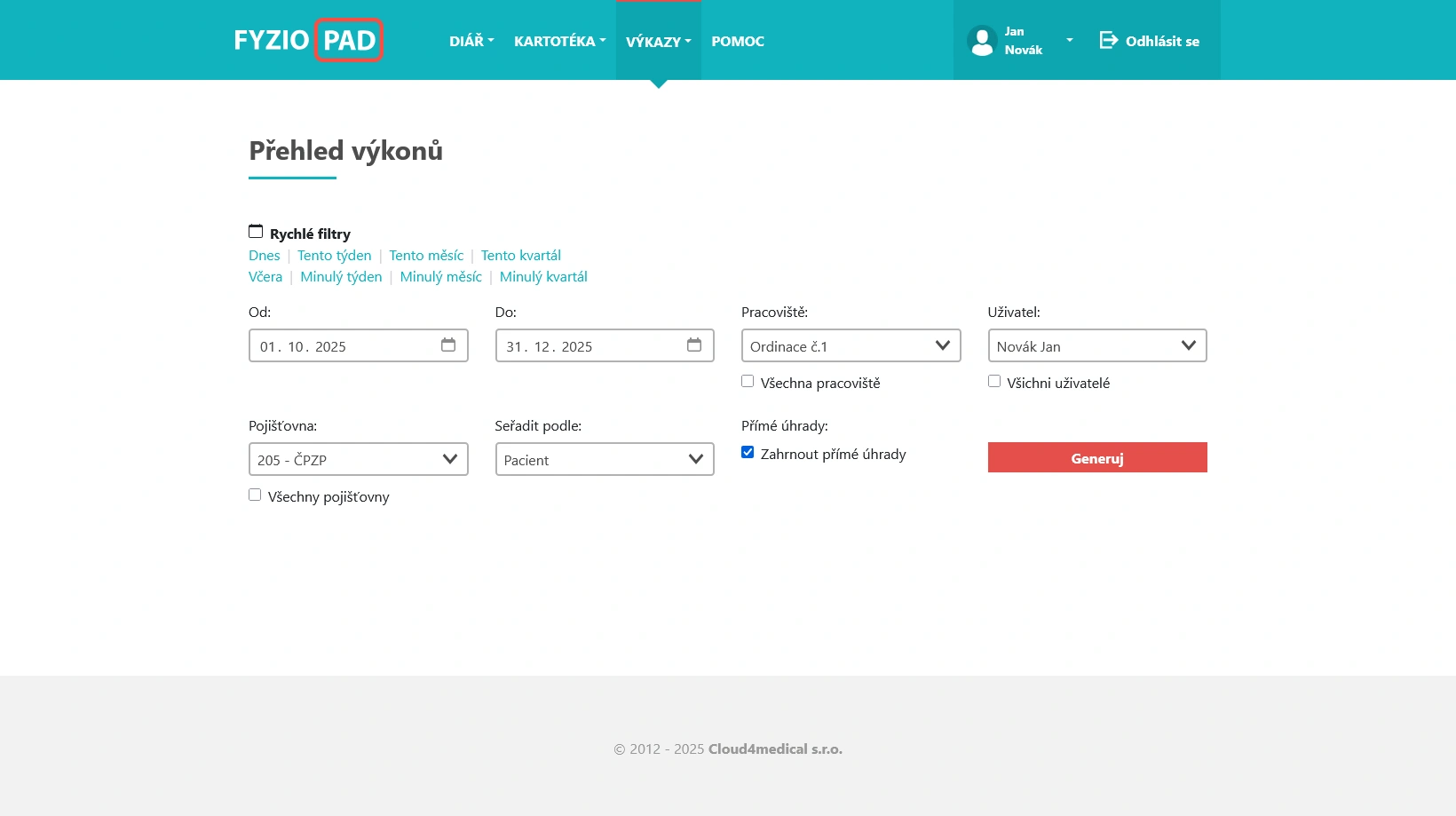 Screenshot of procedures overview in FYZIOPAD application