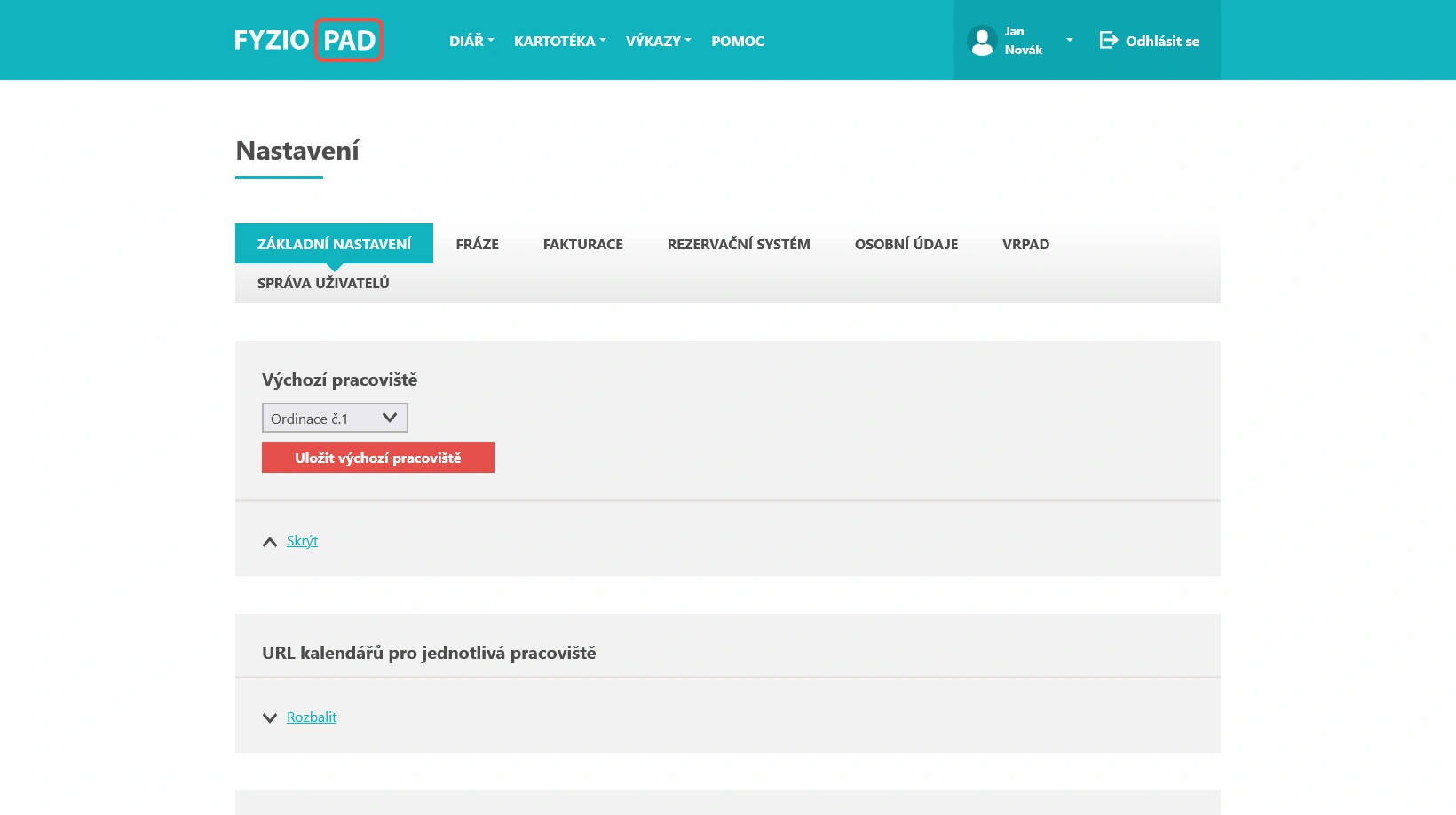 Screenshot of settings section in FYZIOPAD application