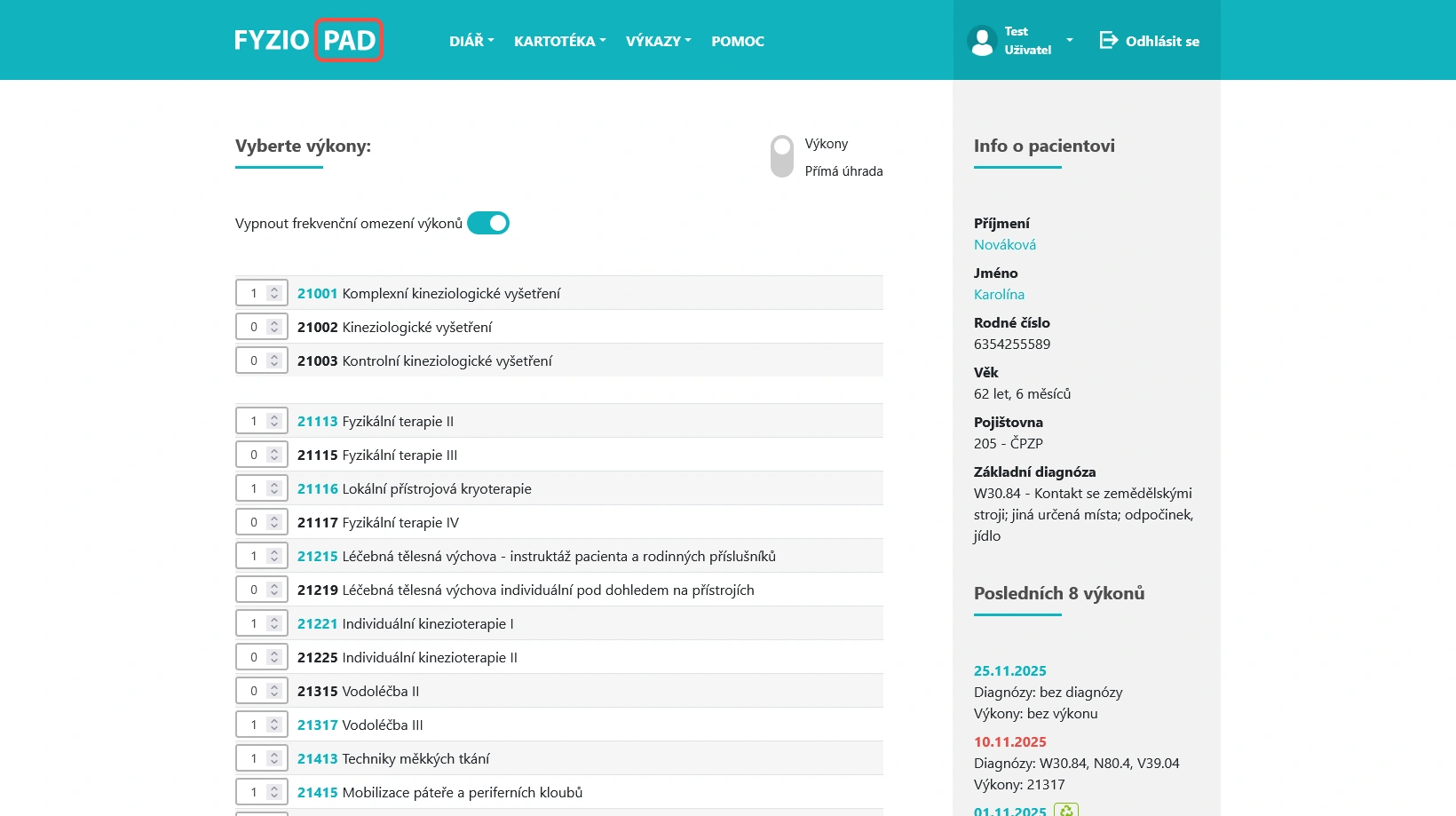 Screenshot of reporting procedures in FYZIOPAD application